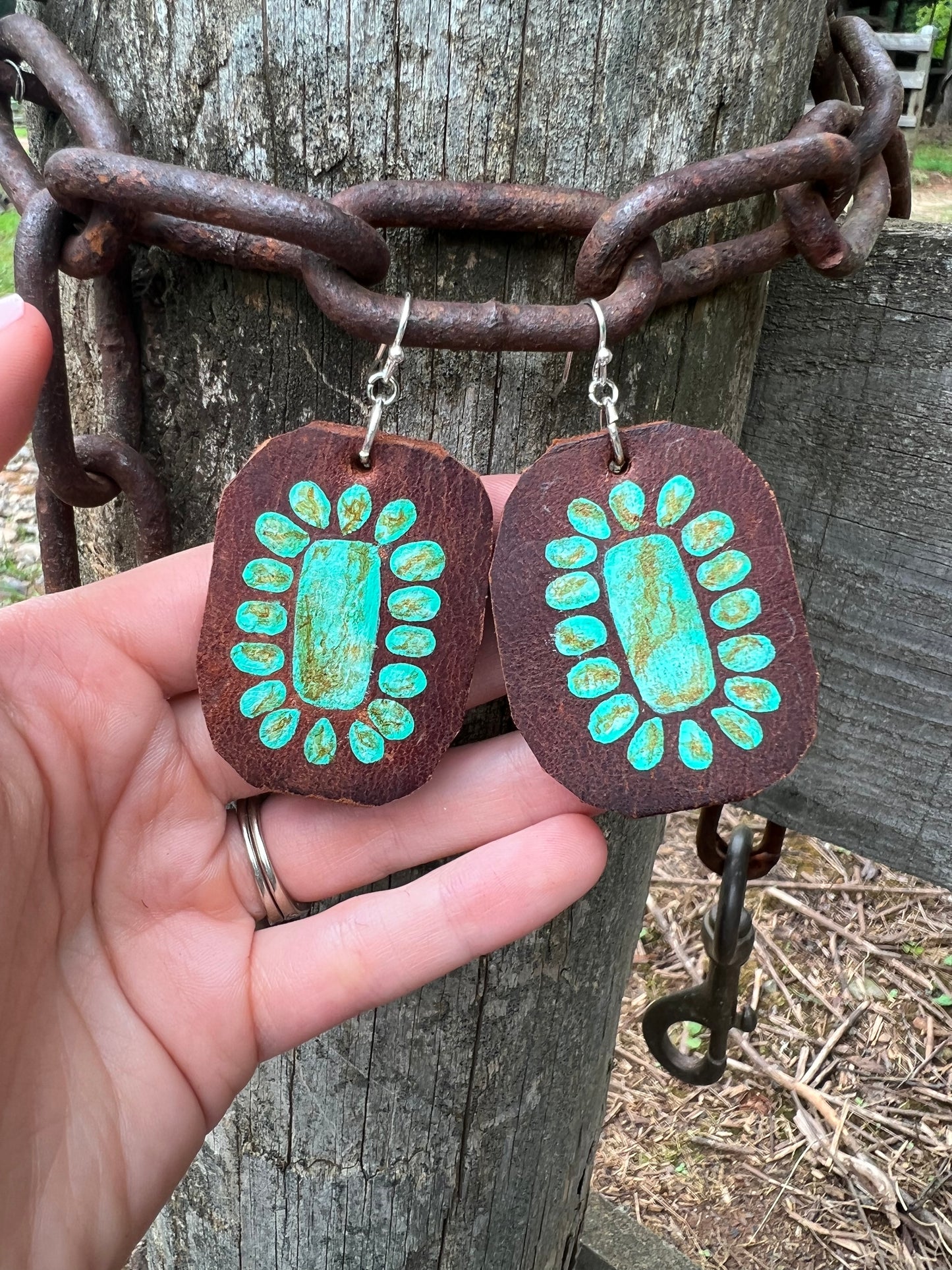 Large “Turquoise” Cluster Leather Earrings