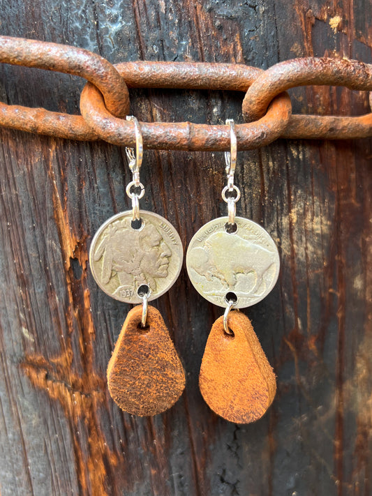 Buffalo Nickel Leather Earrings - Teardrop