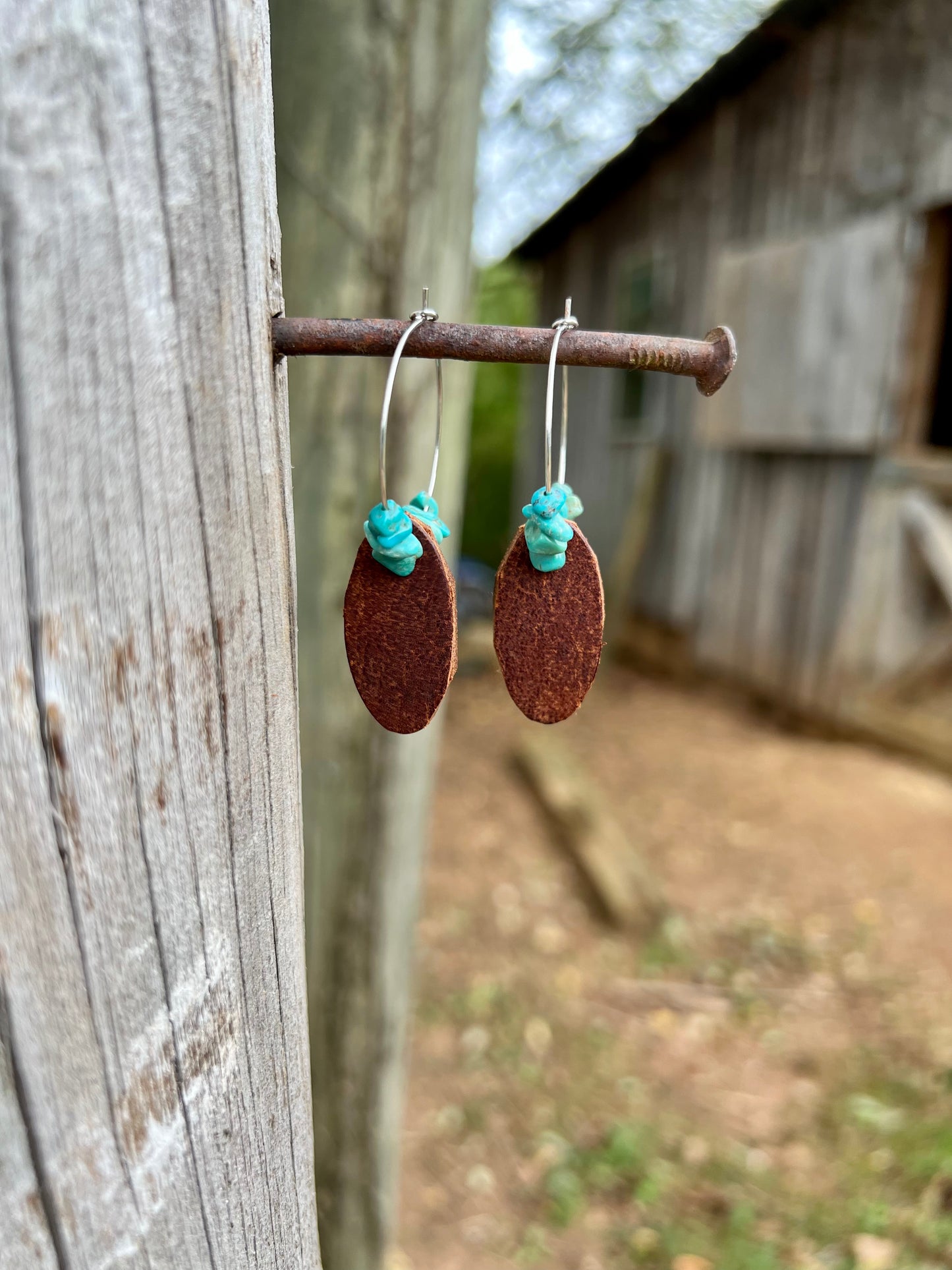 Dangle Leather & Turquoise Hoop Earrings