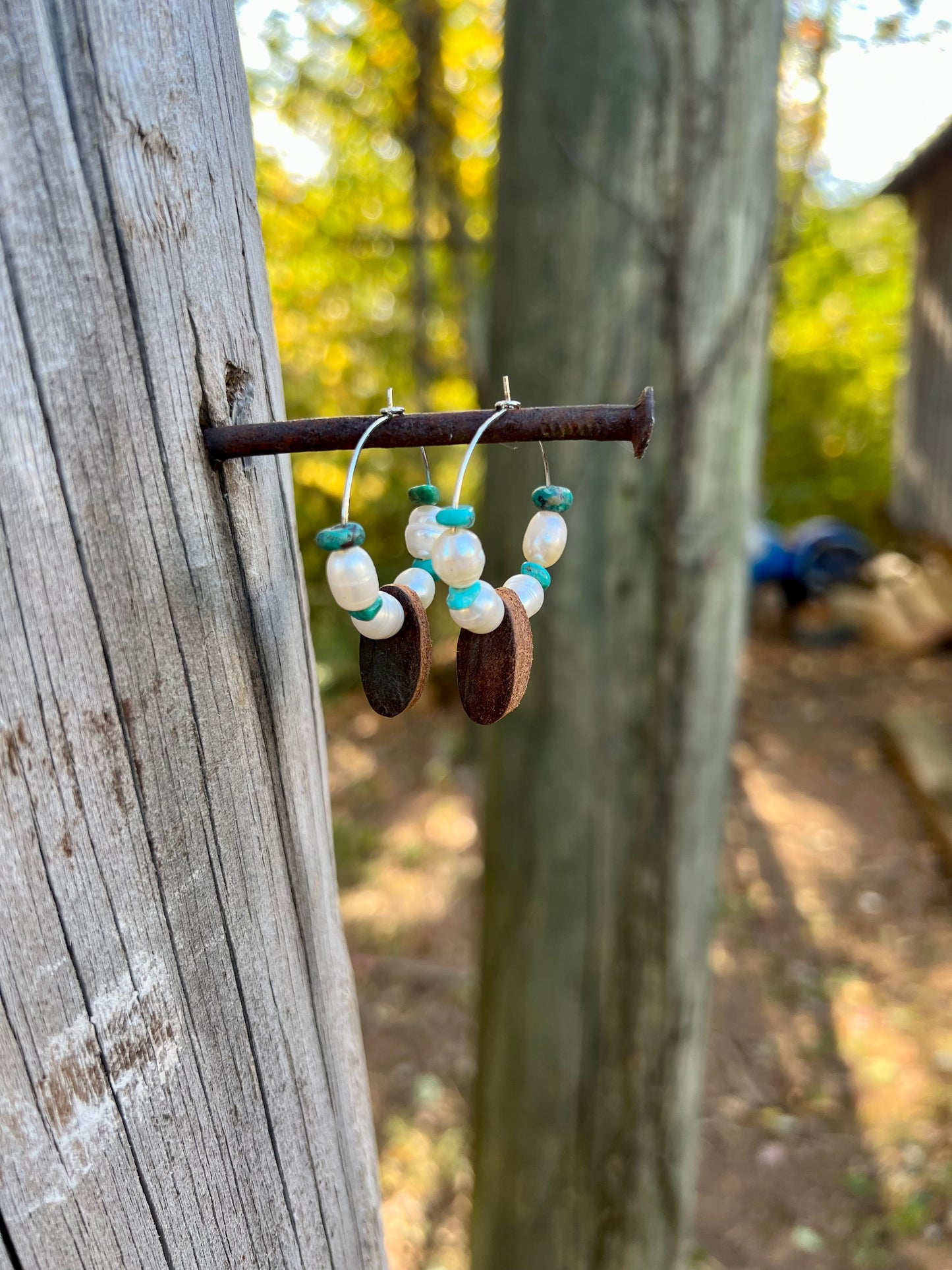 Pearl & Turquoise Leather Hoops