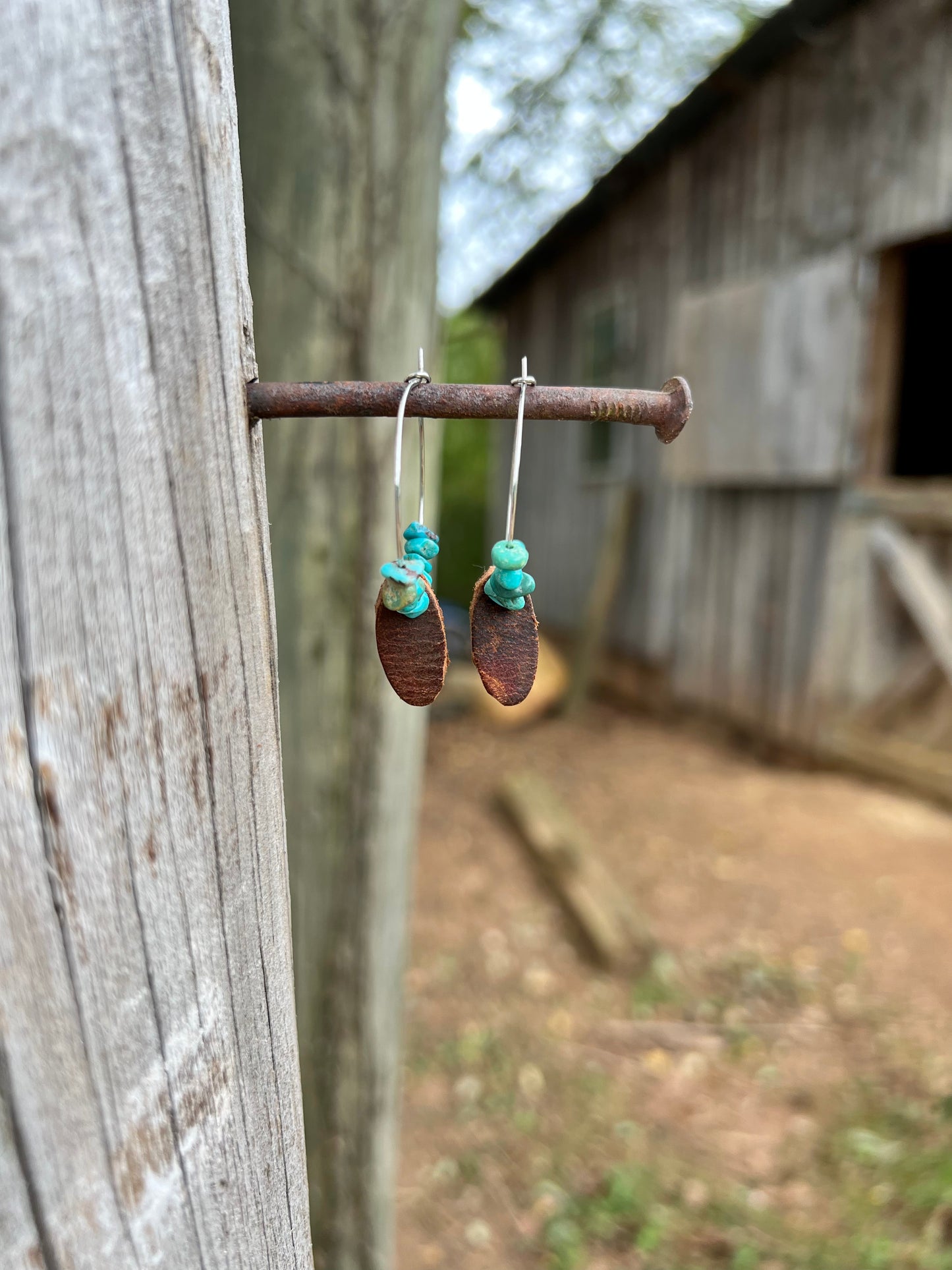 Mini Dangle Leather & Turquoise Hoops