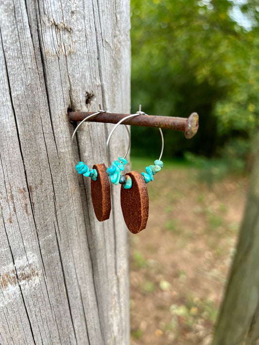 Dangle Leather & Turquoise Hoop Earrings