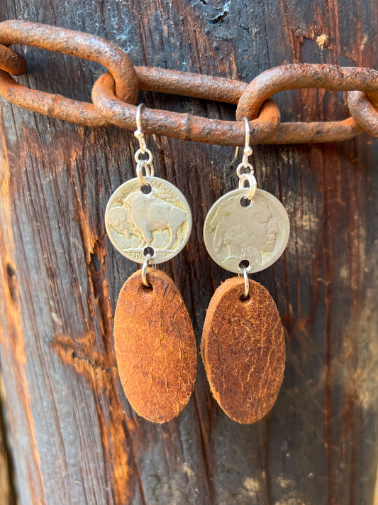 Buffalo Nickel Leather Earrings - Large Oval