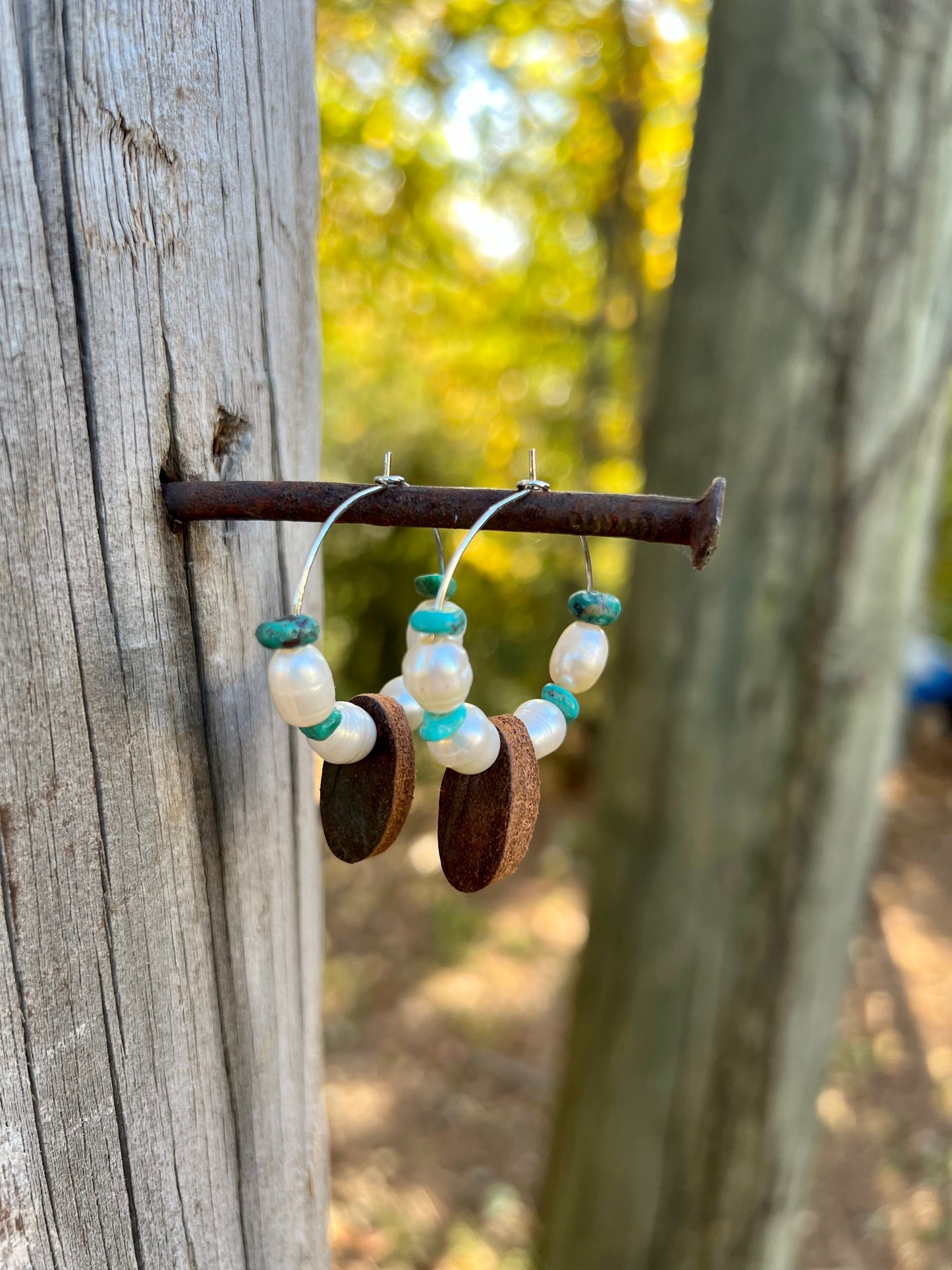 Pearl & Turquoise Leather Hoops