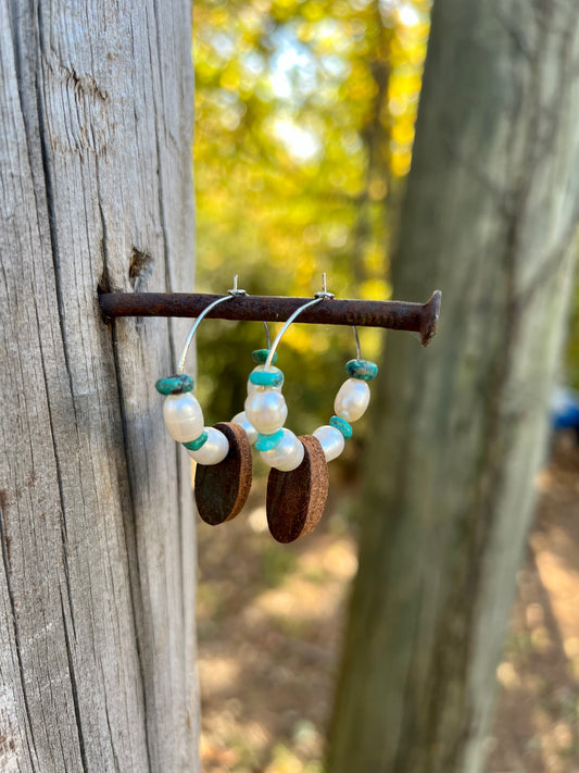 Pearl & Turquoise Leather Hoops