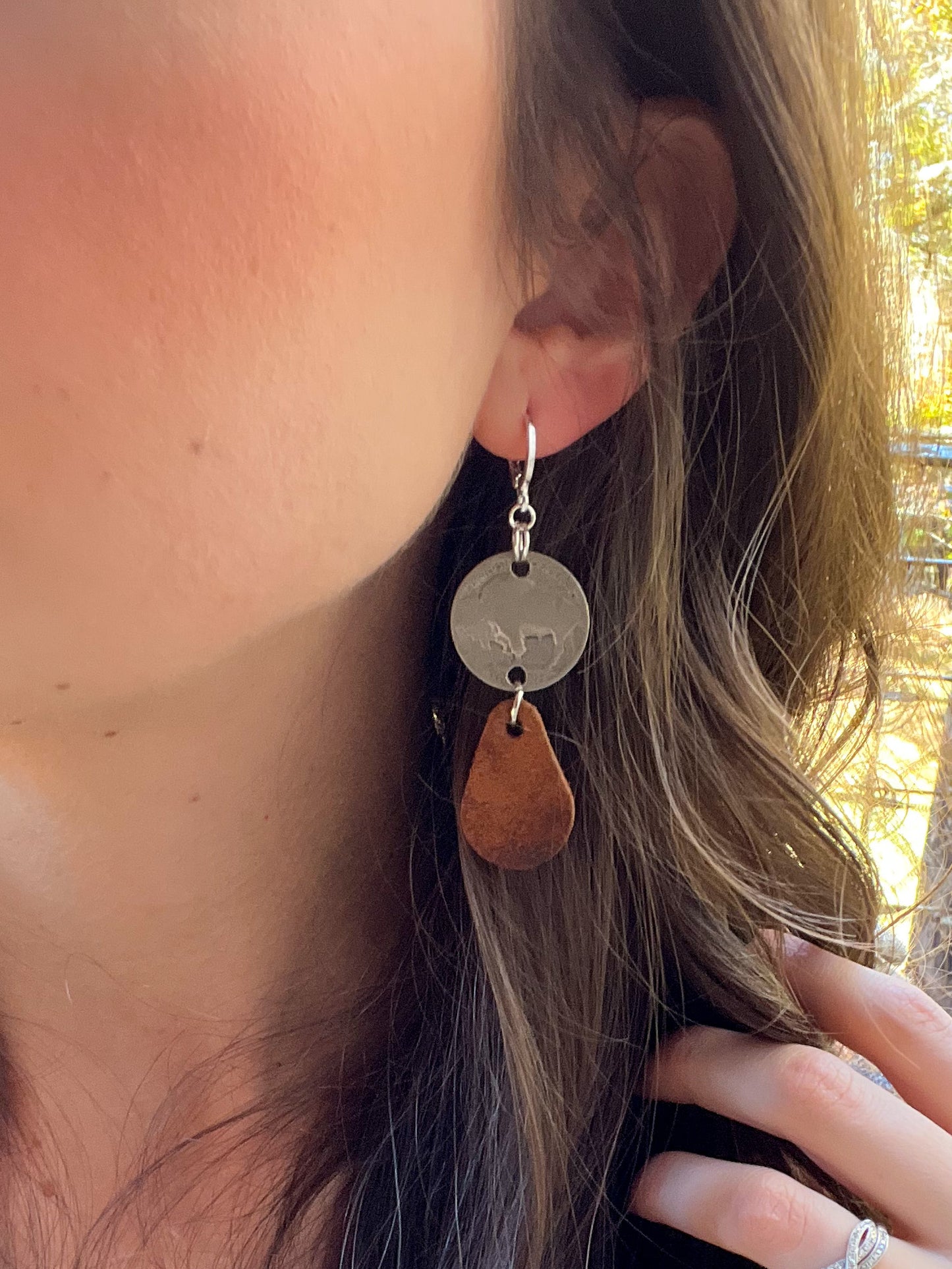 Buffalo Nickel Leather Earrings - Teardrop