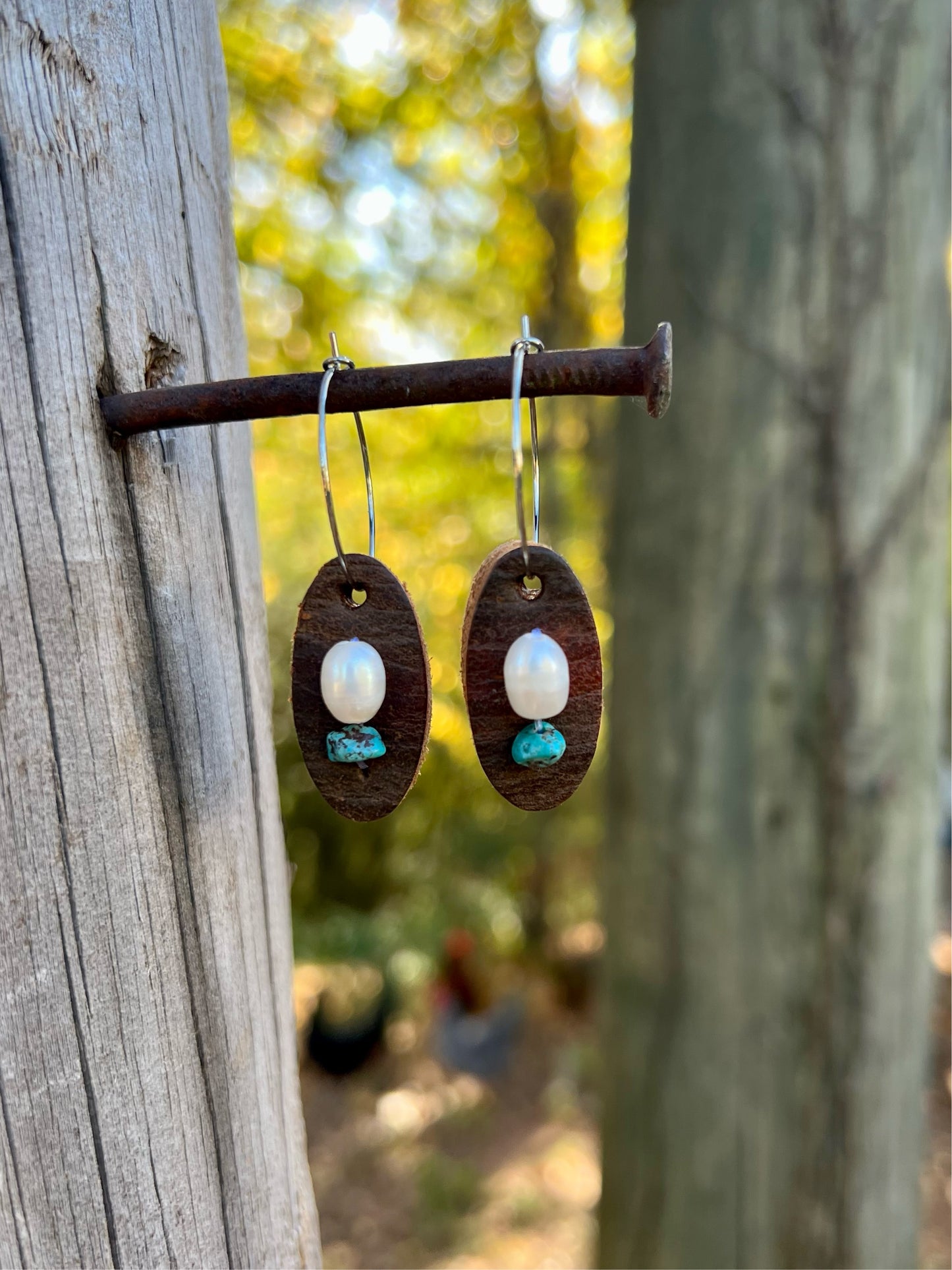 Pearl & Turquoise Leather Dangle Hoops