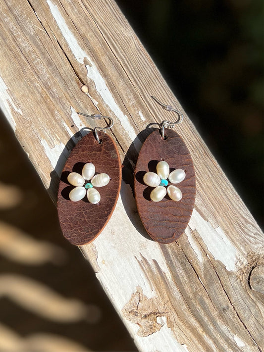 Pearl & Turquoise Flower Leather Earrings