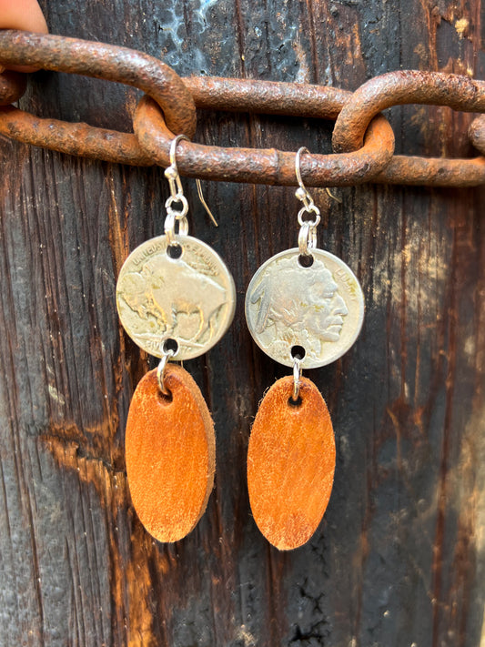 Buffalo Nickel Leather Earrings - Small Oval