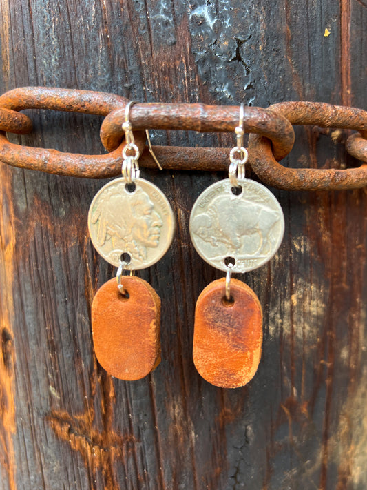 Buffalo Nickel Leather Earrings - Mini Oval