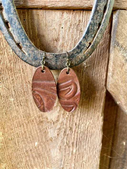 Oval Tooled Leather Earrings