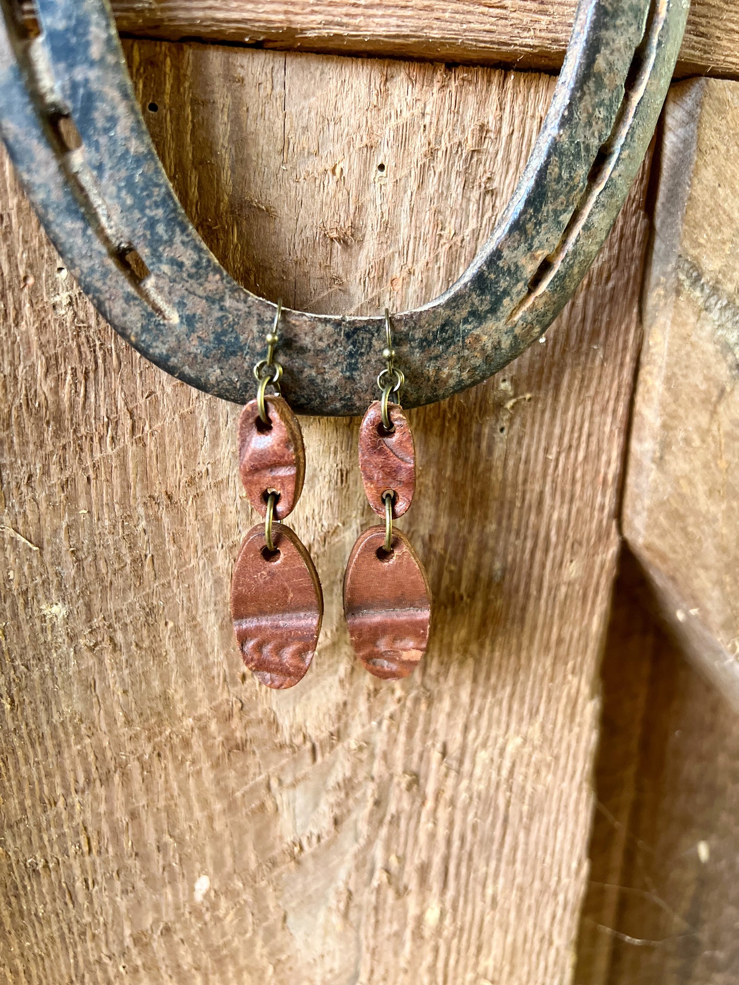 Oval Dangle Tooled Leather Earrings