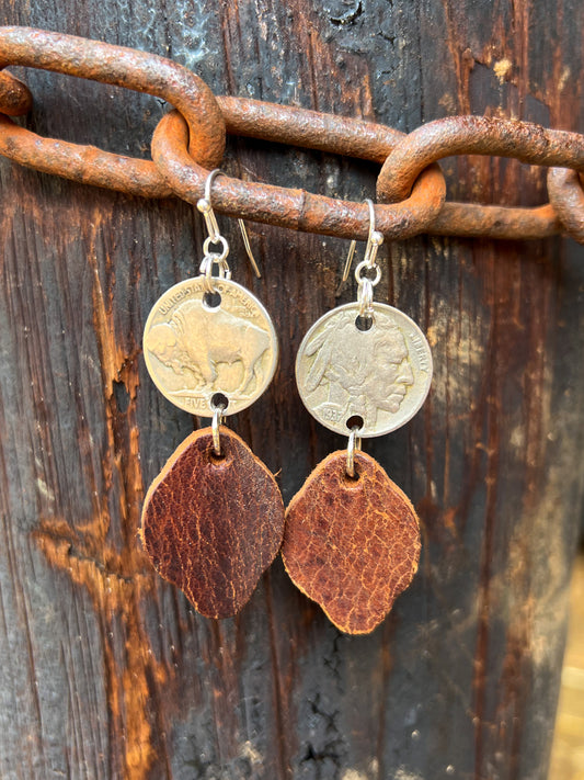 Buffalo Nickel Leather Earrings -Blossom