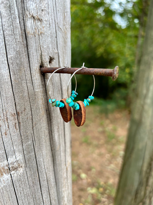 Mini Dangle Leather & Turquoise Hoops